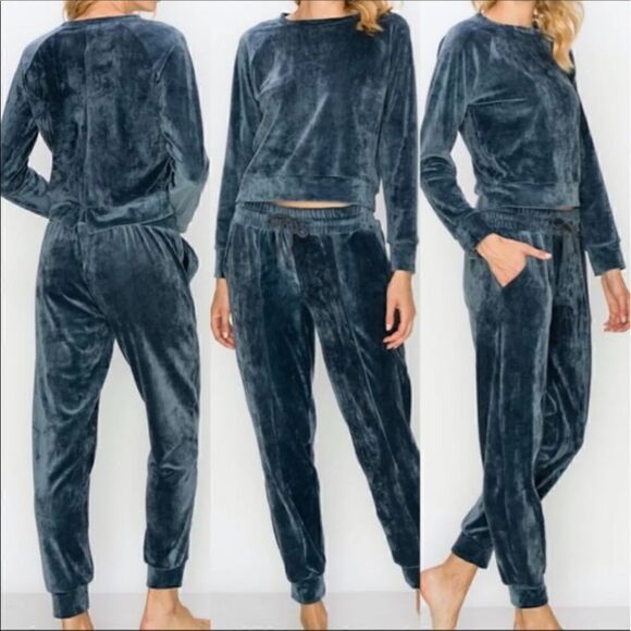 Grey/Blue Velour Track Pant & Long Sleeve Top Set - Picture 3 of 3